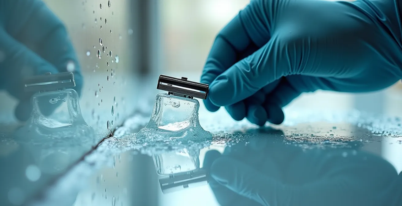 Gros plan macro sur une main professionnelle utilisant une lame de rasoir à angle faible sur une vitre avec agent mouillant