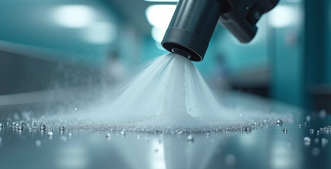 Gros plan sur la technique de nettoyage vapeur montrant l'importance du temps de contact