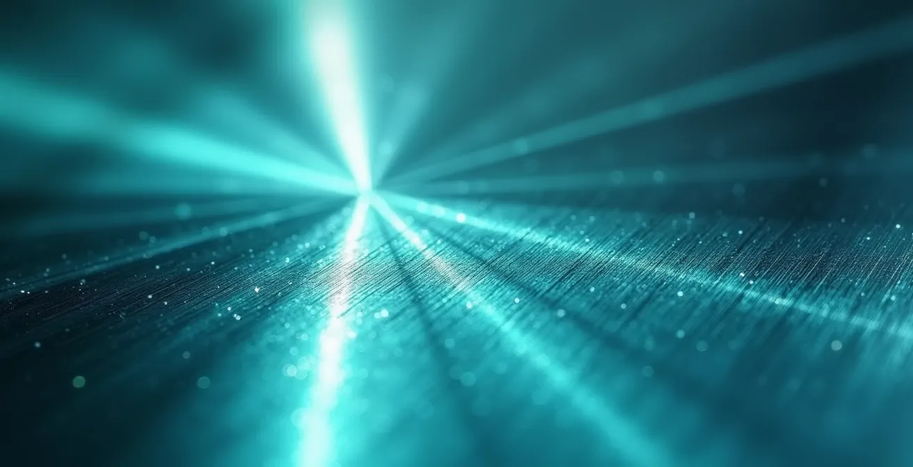 Gros plan macro sur une surface métallique brillante avec reflets lumineux suggérant une propreté microscopique