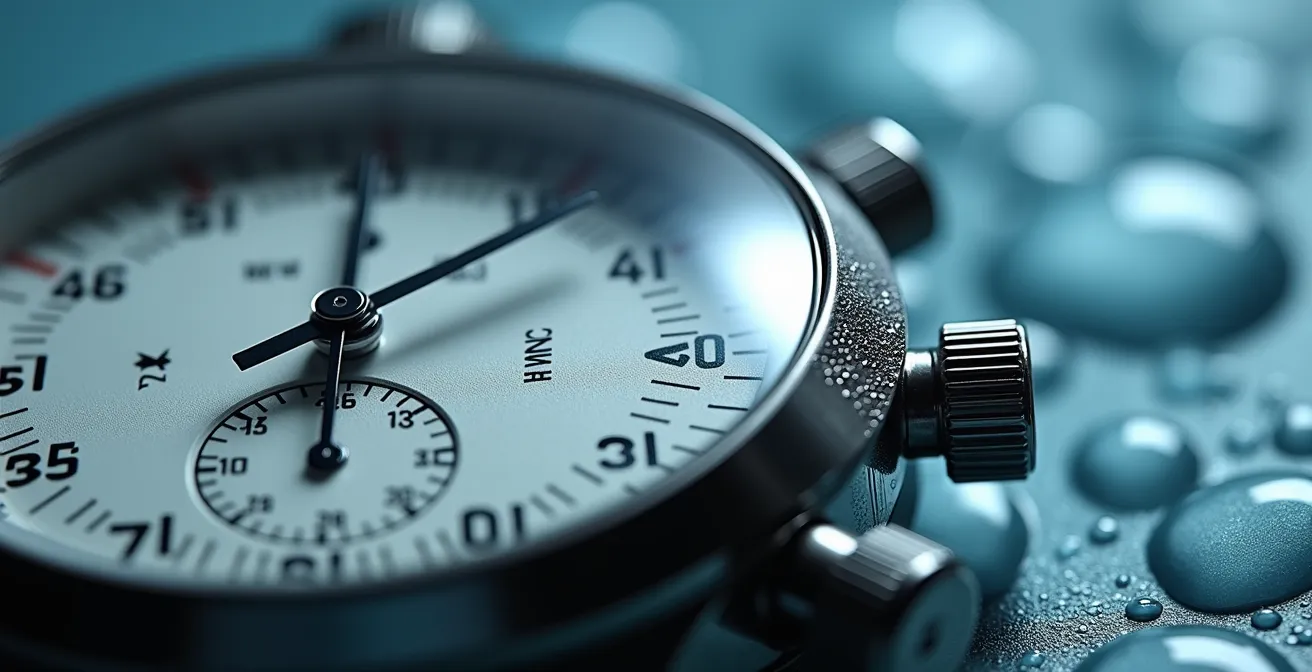 Vue macro d'un chronomètre professionnel marquant le temps de contact requis pour la désinfection virucide