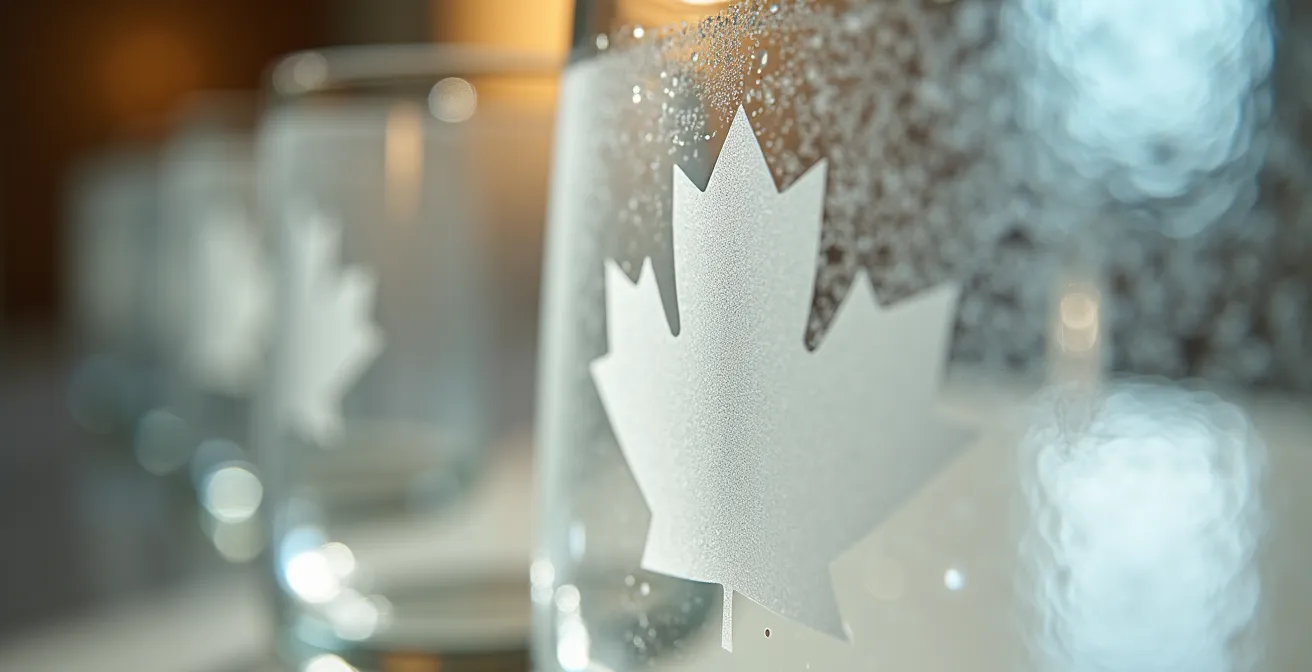 Gros plan sur des verres d'hôtel emballés avec sceau de sécurité hygiénique dans une chambre canadienne