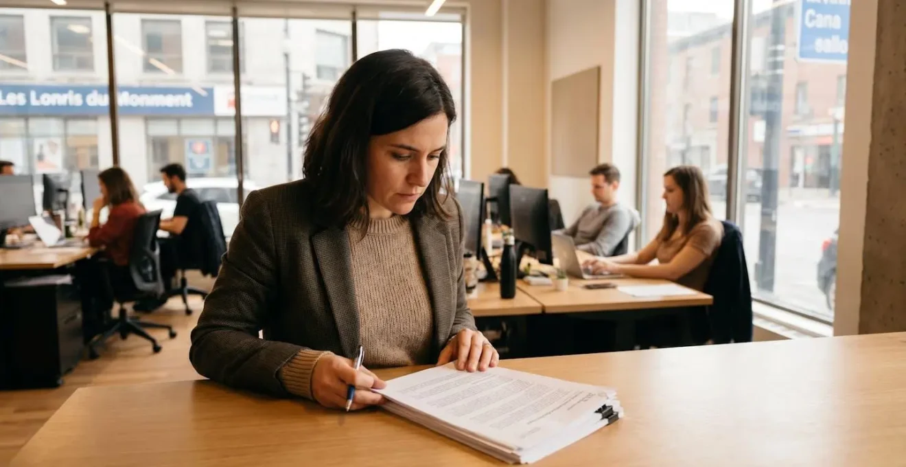 Gestionnaire d'entreprise au Québec examinant attentivement un contrat d'entretien ménager professionnel sur son bureau