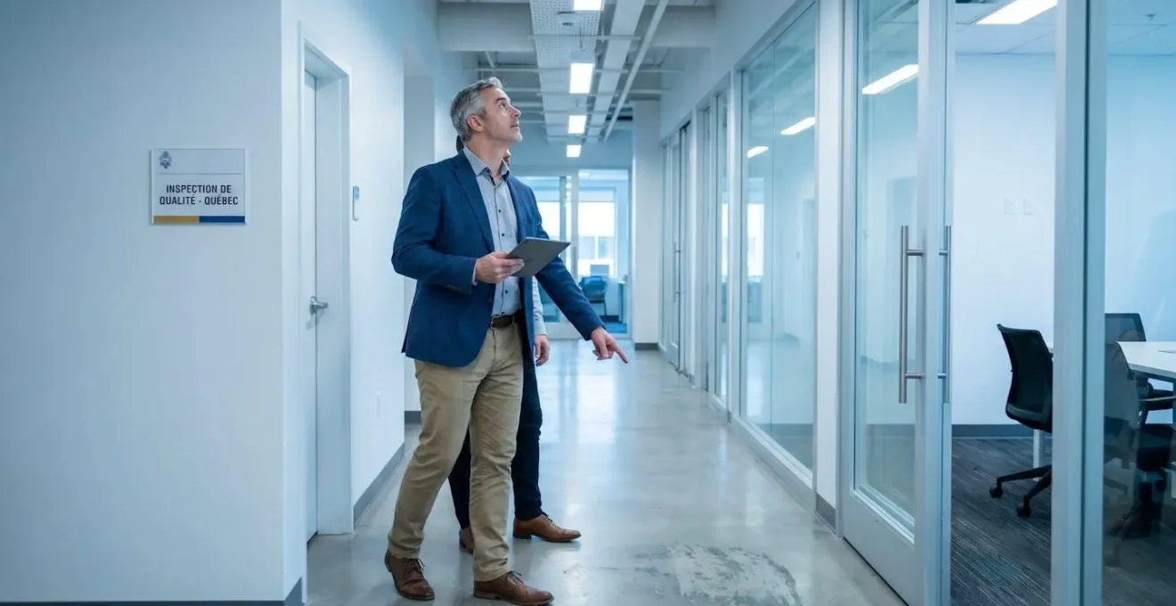 Responsable d'installations conduisant une inspection qualité dans un couloir commercial propre au Québec, tablette à la main