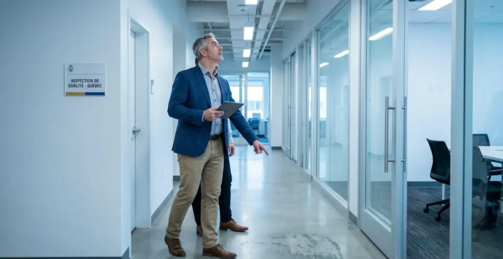 Responsable d'installations conduisant une inspection qualité dans un couloir commercial propre au Québec, tablette à la main Responsable d'installations conduisant une inspection qualité dans un couloir commercial propre au Québec, tablette à la main