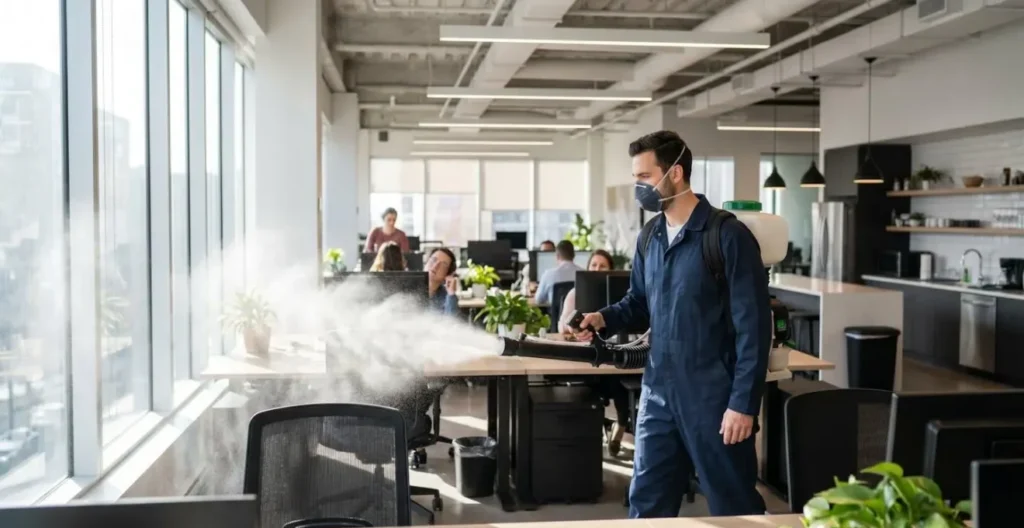 Technicien utilisant un appareil de désinfection électrostatique dans un espace de bureau commercial au Québec Technicien utilisant un appareil de désinfection électrostatique dans un espace de bureau commercial au Québec